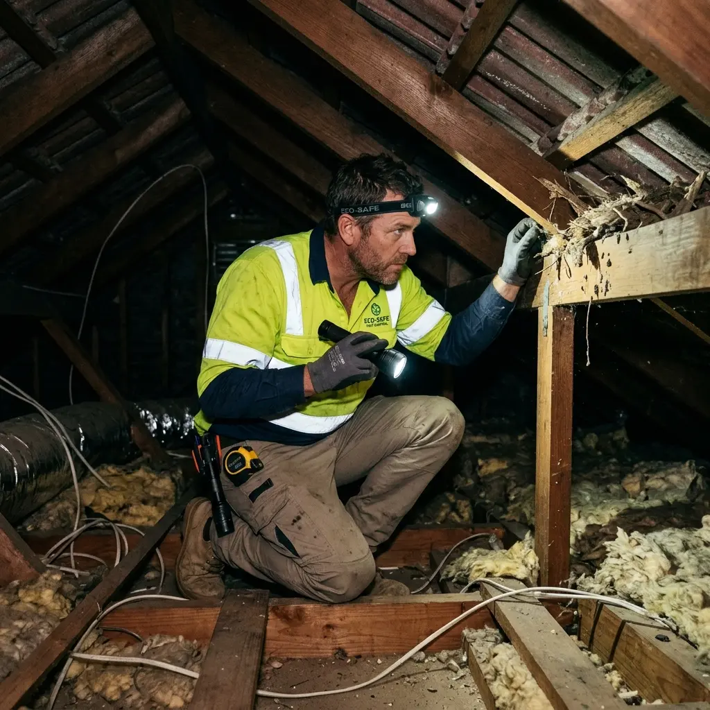 Technician inspecting a roof cavity for a dead animal in Junction Village