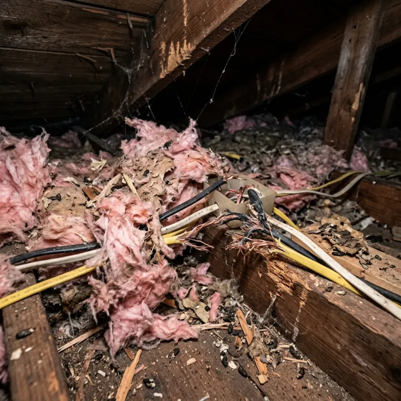 Contaminated ceiling insulation being assessed in a Junction Village roof space