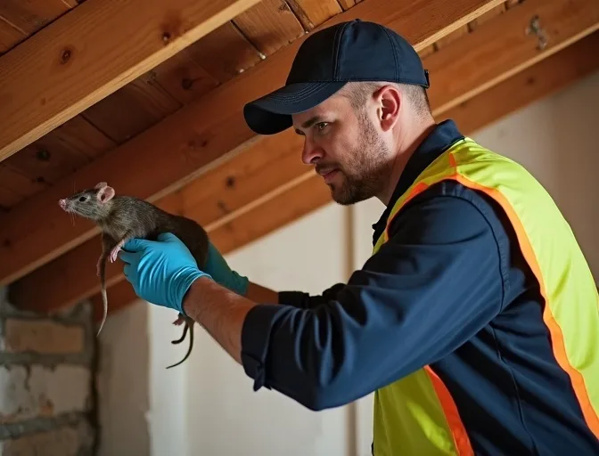 Technician inspecting a roof cavity for a dead rat in Junction Village